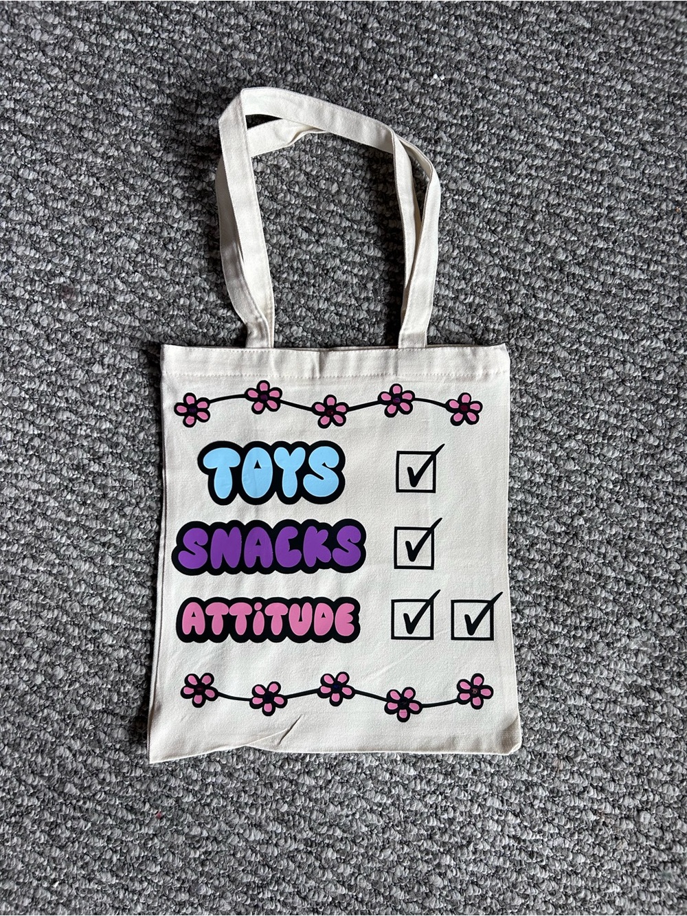 Kids Canvas Tote Bag - Pink & Purple 'Toys Snacks Attitude'